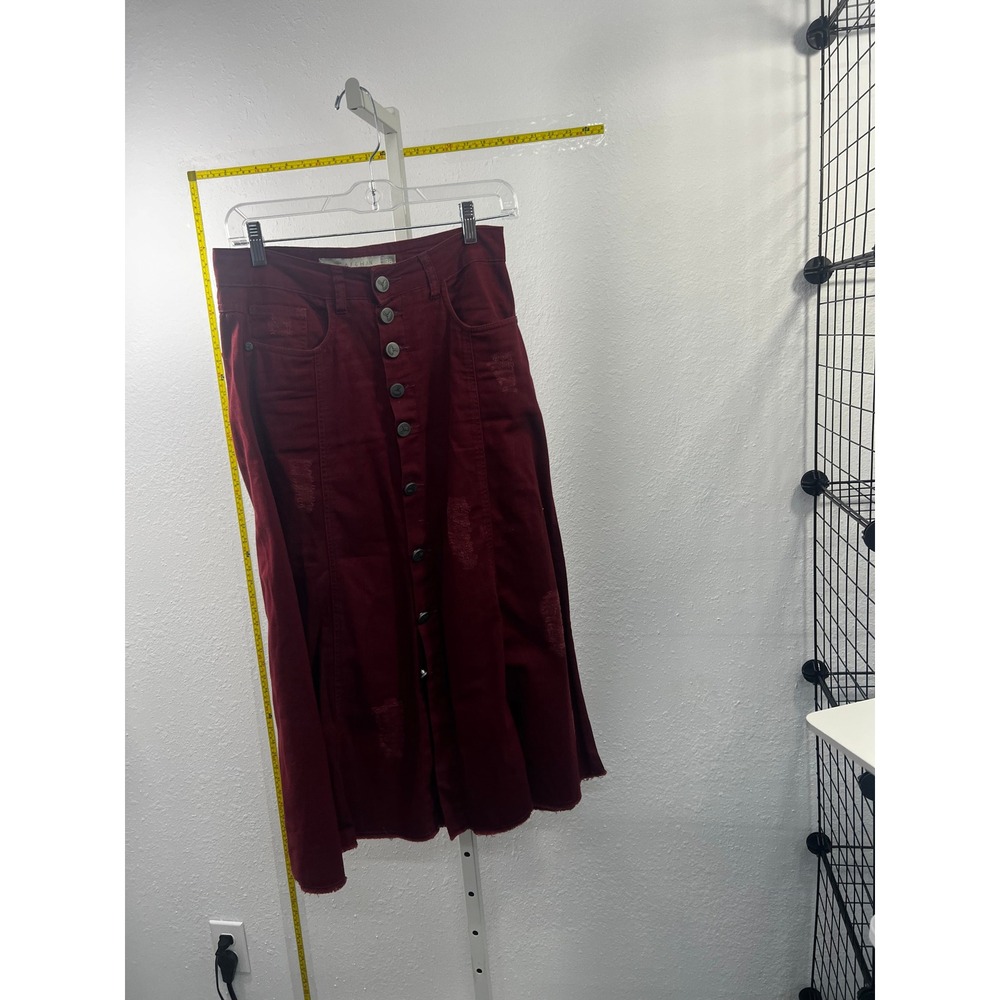 Afghan Burgundy Button Front Denim Midi Skirt Distressed Raw Hem Size 38 Boho